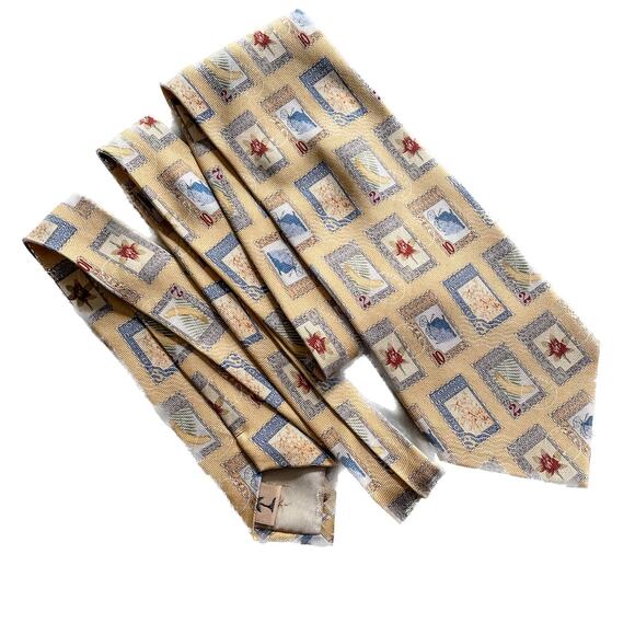 Tommy Bahama Vintage 100% Silk Tropical Postage Stamp Tie Necktie yellow 4"w - Picture 3 of 5